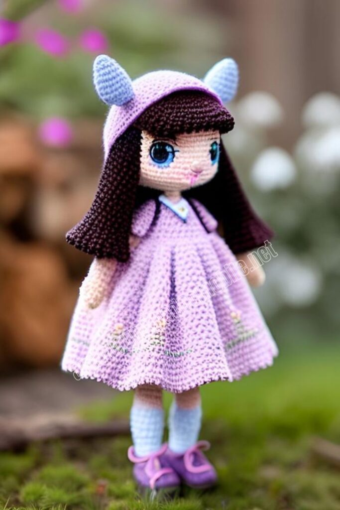 Crochet doll pattern, cute Amigurumi doll with purple dress