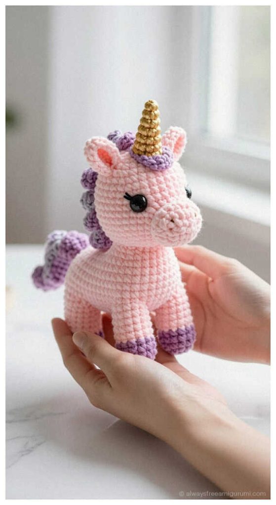 Sweet amigurumi unicorn idea with a flowery mane, an inspiring handmade gift concept for Quick to Make Amigurumi lovers.
