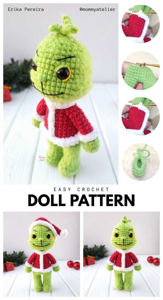 Amigurumi doll parts shown during the assembly stage with visible joining and surface details