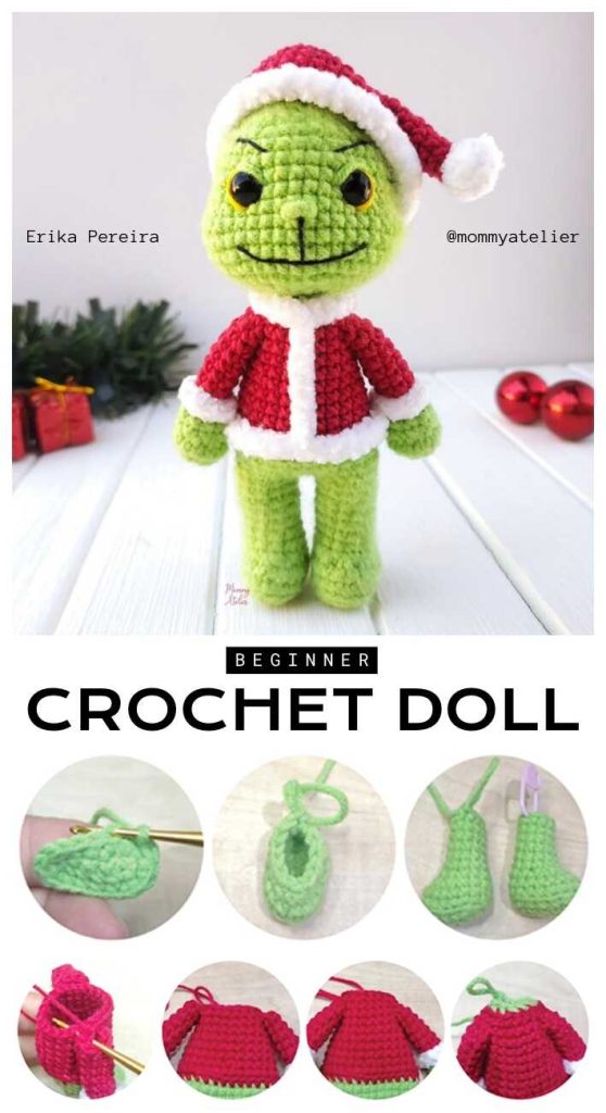 Detailed crochet pieces of an amigurumi doll body and head displayed before final assembly