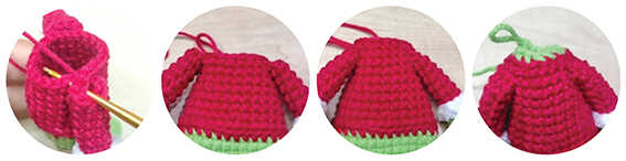 Red crochet body of an amigurumi doll with attached sleeves and jacket shaping
