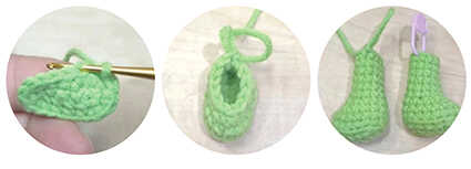 Green crochet feet shaped and finished for a small amigurumi doll