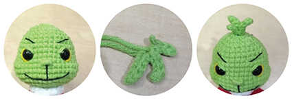 Detailed head elements of a crochet amigurumi doll including eyebrows and top shaping