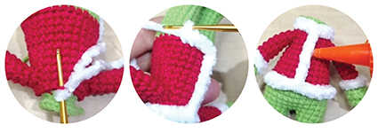 White trim details added to the front and edges of a crochet doll jacket