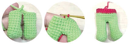 Lower body of an amigurumi doll created by joining the legs and shaping the pants section