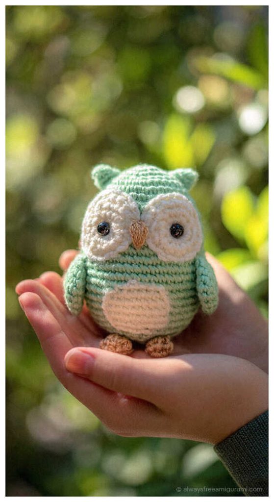 Free Amigurumi Pattern: Mini owl crochet guide tailored for professional craft sellers. This stylized visual serves as an aesthetic model; however, a step-by-step free pattern is fully accessible through the provided blog link for your use.