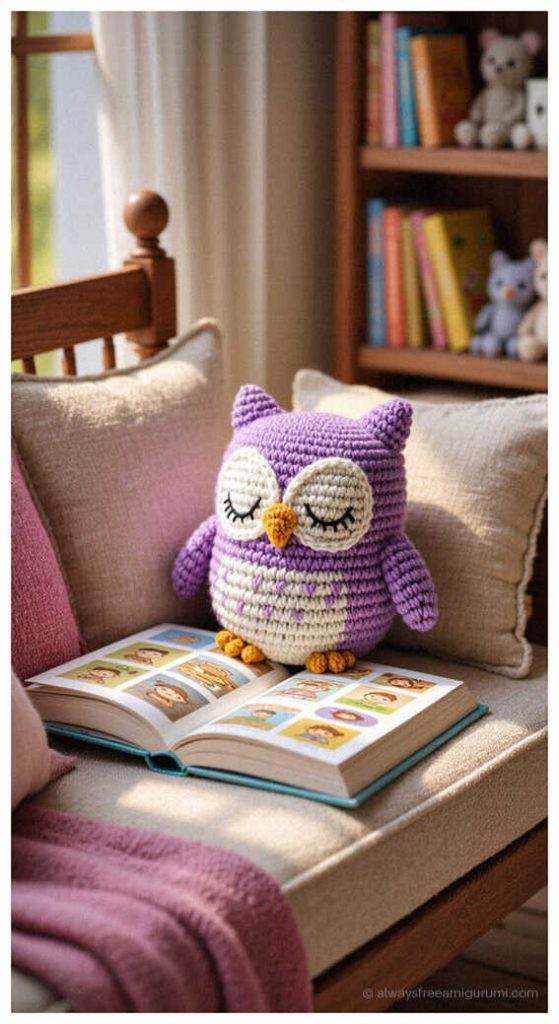 Handmade Nursery Decor: Dreamy owl amigurumi concepts with soft and colorful textures. This digital concept is meant to broaden your imagination, while the link provides the actual free pattern to bring this owl to life.