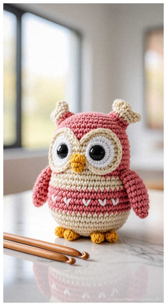 Quick to Make Amigurumi: Mini owl head pattern ideas for decorative baby mobiles. This visual illustration serves as a creative guide; however, you can find the real and free crochet instructions by clicking the link provided.