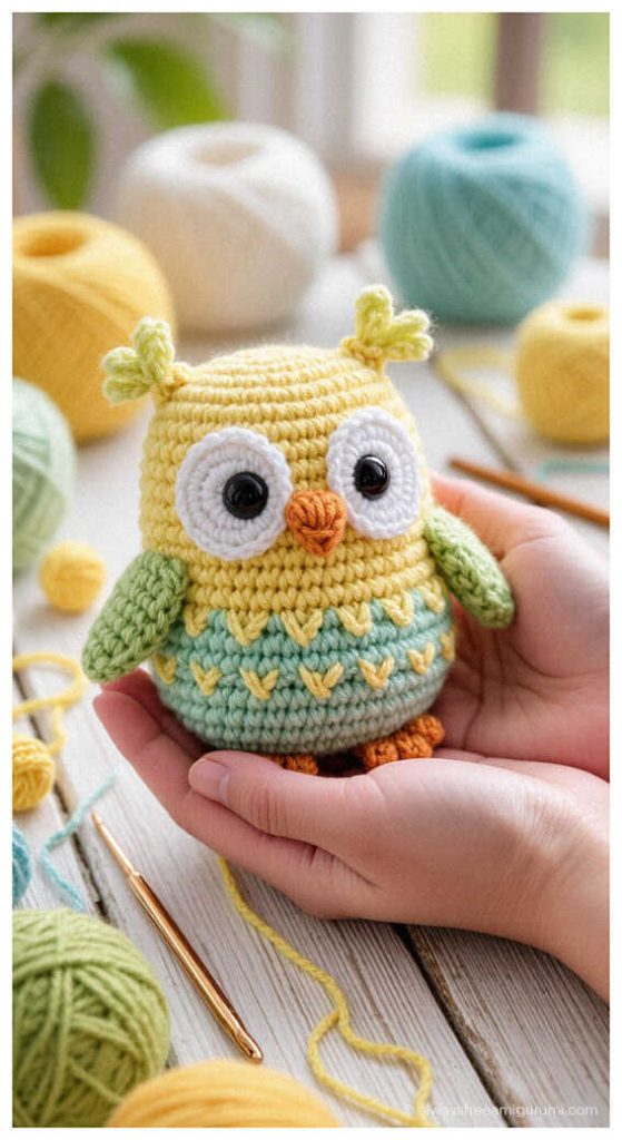 Low Sew Amigurumi: Playful owl with expressive eyes, an engaging beginner project. This design prototype is shared for aesthetic inspiration, but the link contains a legitimate free pattern for everyone who wants to crochet it.