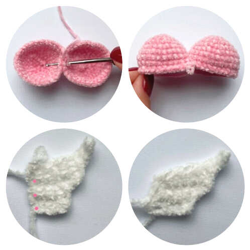 Velvet heart amigurumi body and small crochet wings shown separately and during joining as combined parts