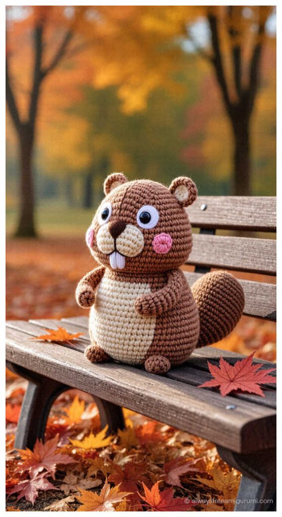 Crochet beaver amigurumi sitting on a wooden bench with autumn leaves background
