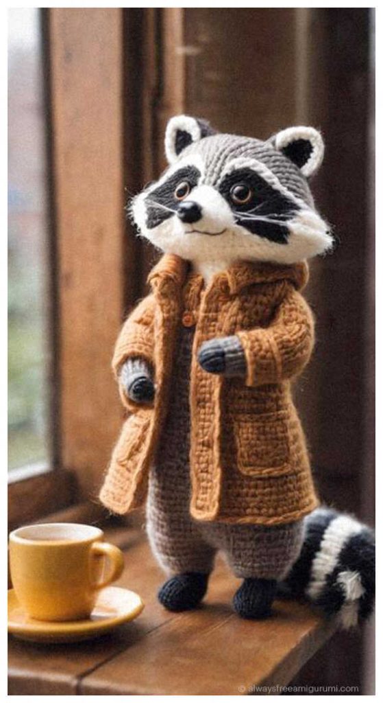 Crochet raccoon amigurumi wearing a long brown coat standing by a window with a cup