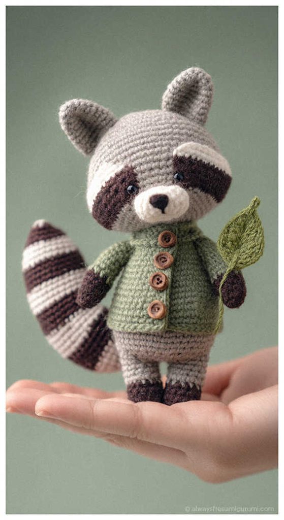 Cute raccoon amigurumi in a green cardigan holding a small leaf in hand