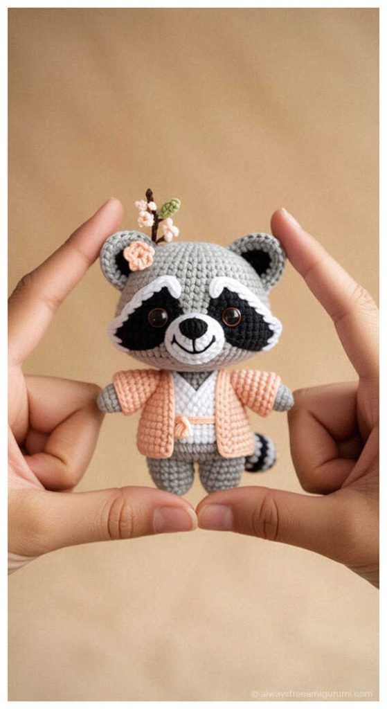 Small raccoon crochet doll wearing a peach jacket held gently between fingers