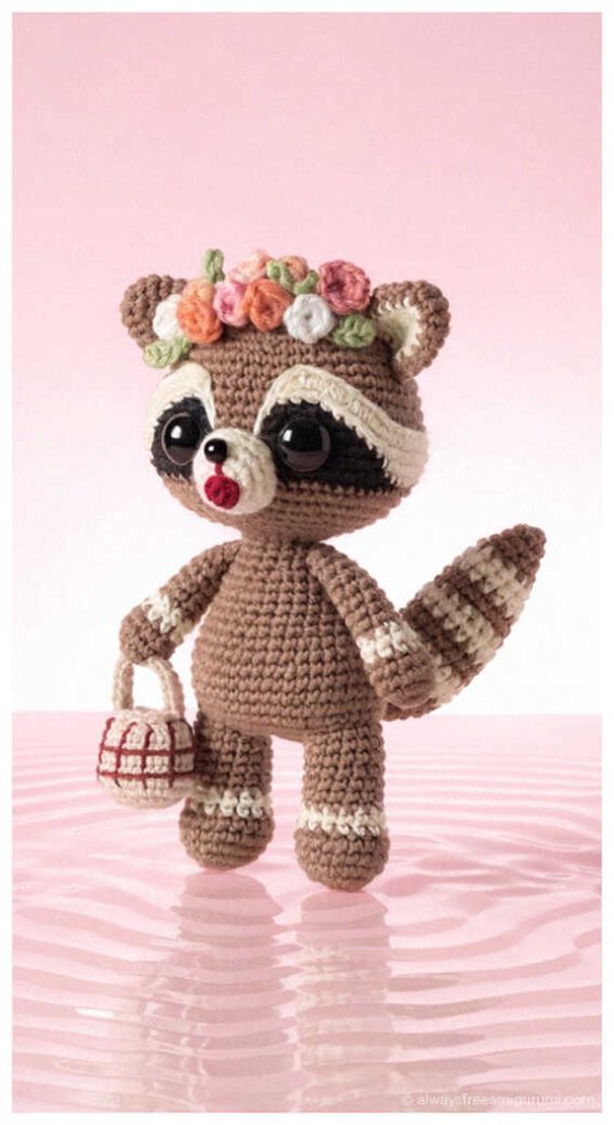 Crochet raccoon amigurumi with a flower crown standing on a pink surface