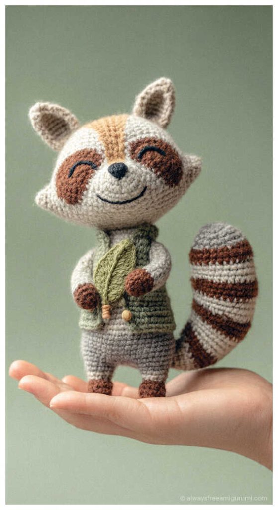 Smiling raccoon amigurumi holding a green leaf displayed on an open hand