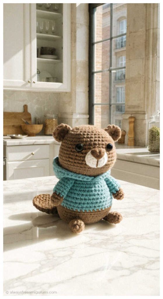 Cute crochet beaver amigurumi holding a tiny brown bag on soft fabric background