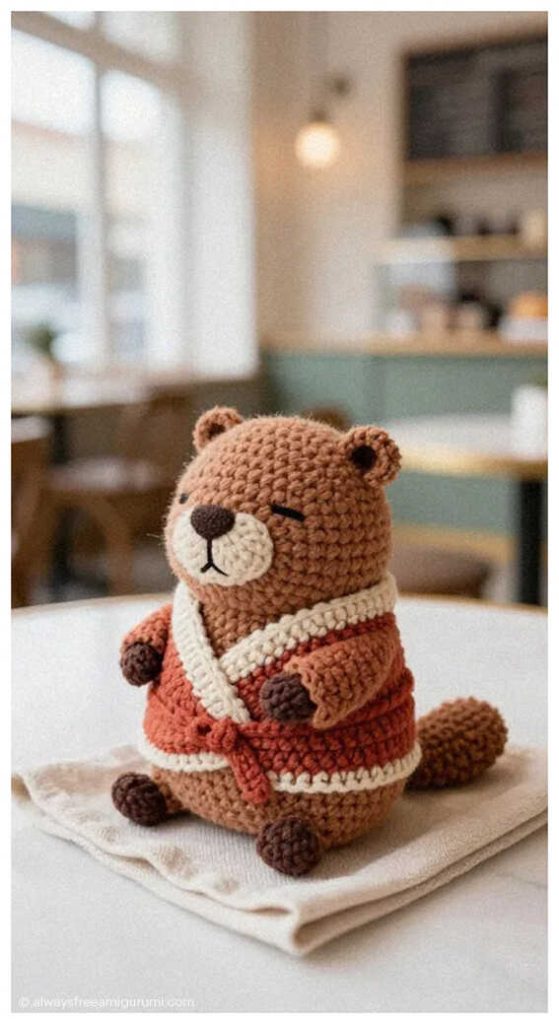 Cute beaver crochet toy wearing a red cardigan sitting on a folded cloth