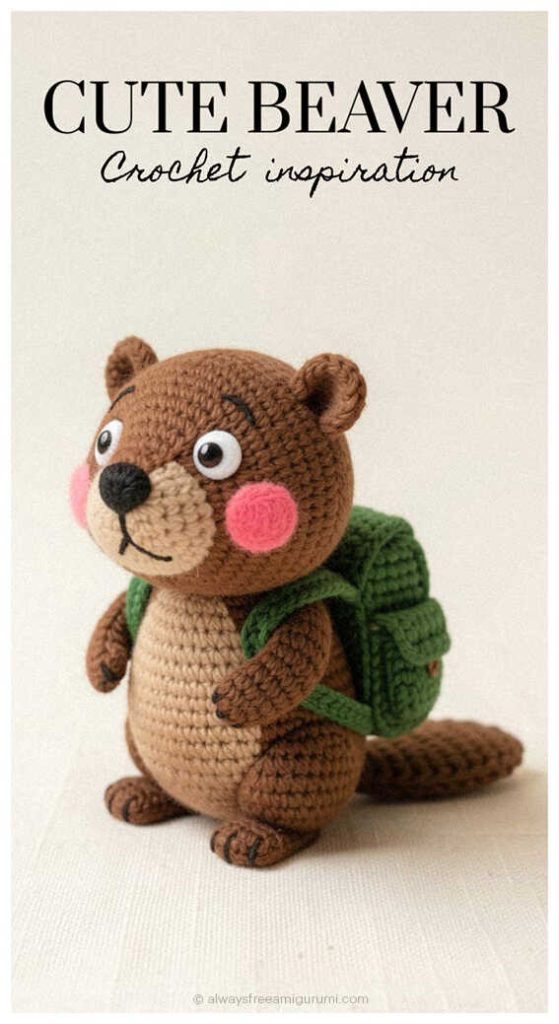 Cute crochet beaver amigurumi with a green backpack on a neutral background
