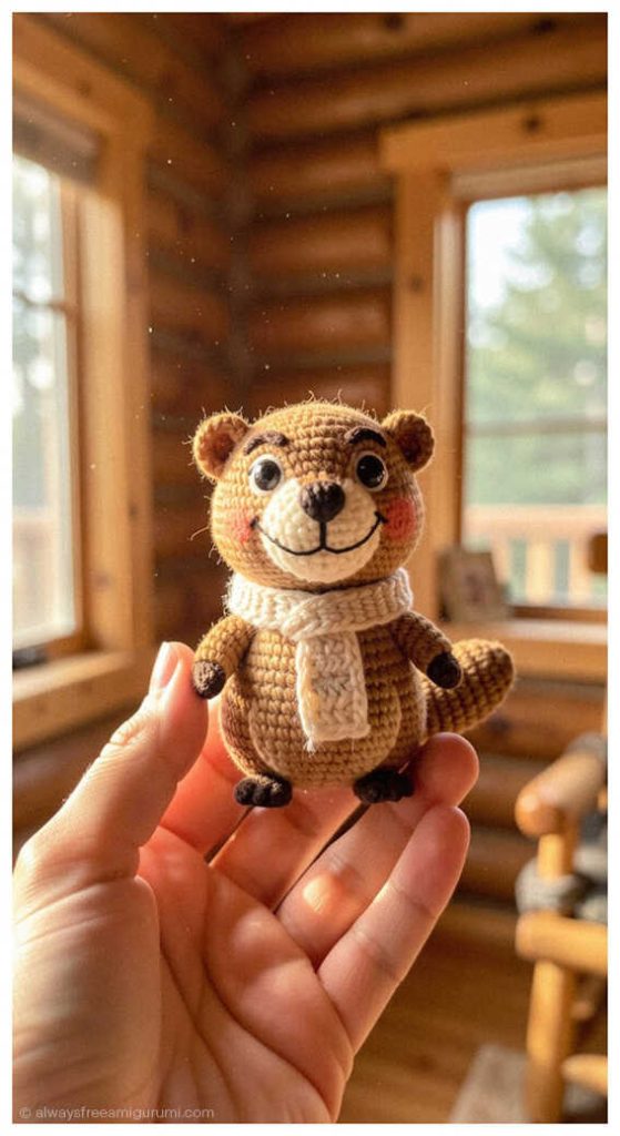 Small brown beaver amigurumi with a scarf held in a hand inside a wooden cabin