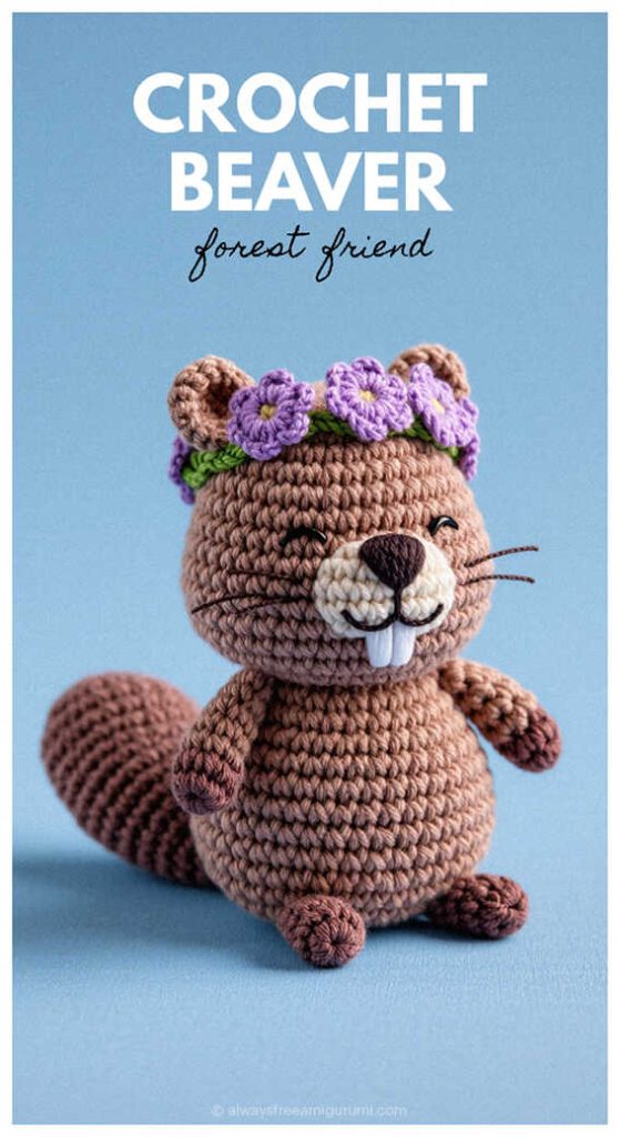 Crochet beaver amigurumi with a purple flower crown on a blue background