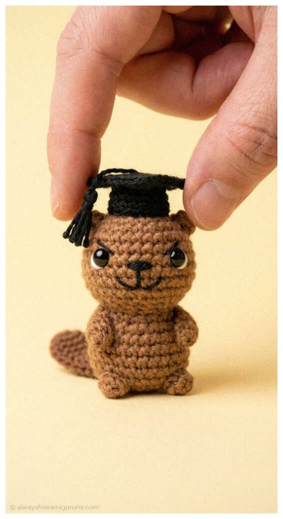 Tiny brown beaver amigurumi wearing a black graduation cap held between fingers