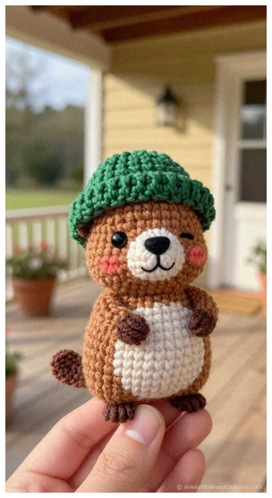 Cute beaver crochet toy wearing a green beanie hat on a porch setting
