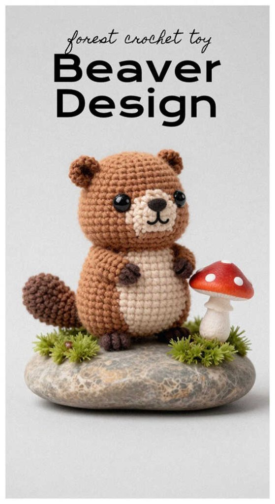Crochet beaver amigurumi standing on a stone base next to a small mushroom