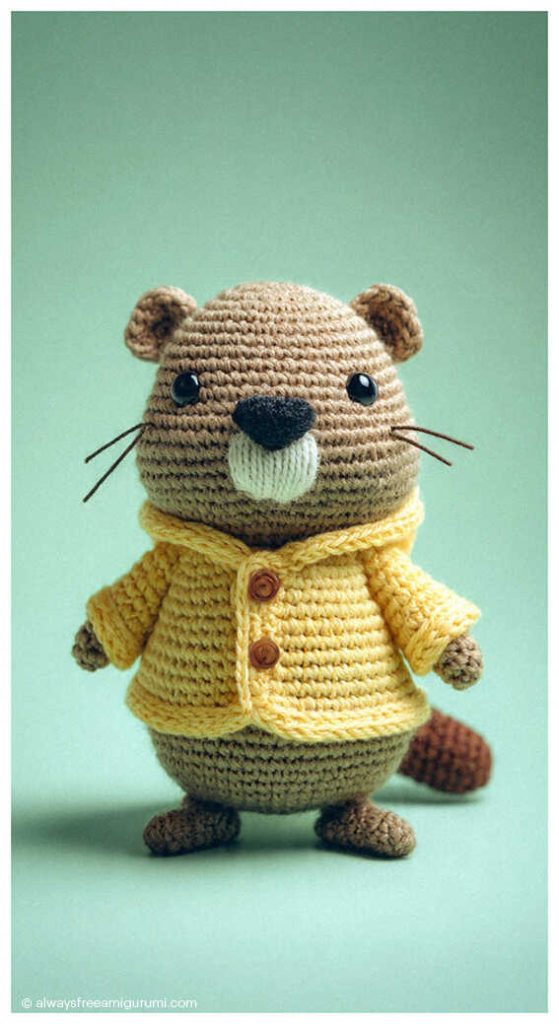 Cute beaver amigurumi wearing a yellow jacket on a soft green background