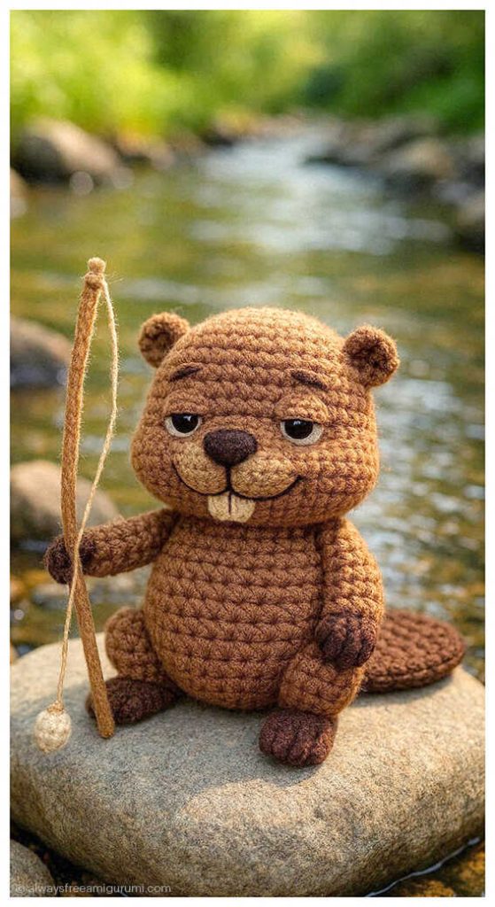 Crochet beaver amigurumi holding a fishing rod sitting on a rock by a river