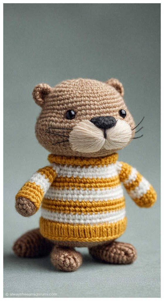 Cute beaver amigurumi wearing a striped sweater on a neutral gray background