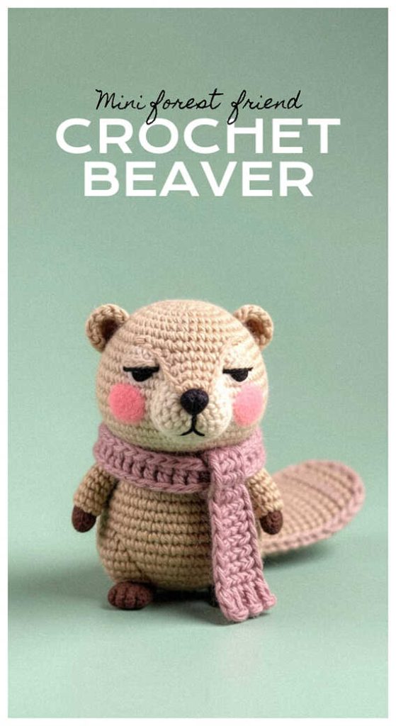 Small crochet beaver with a pink scarf on a soft green background