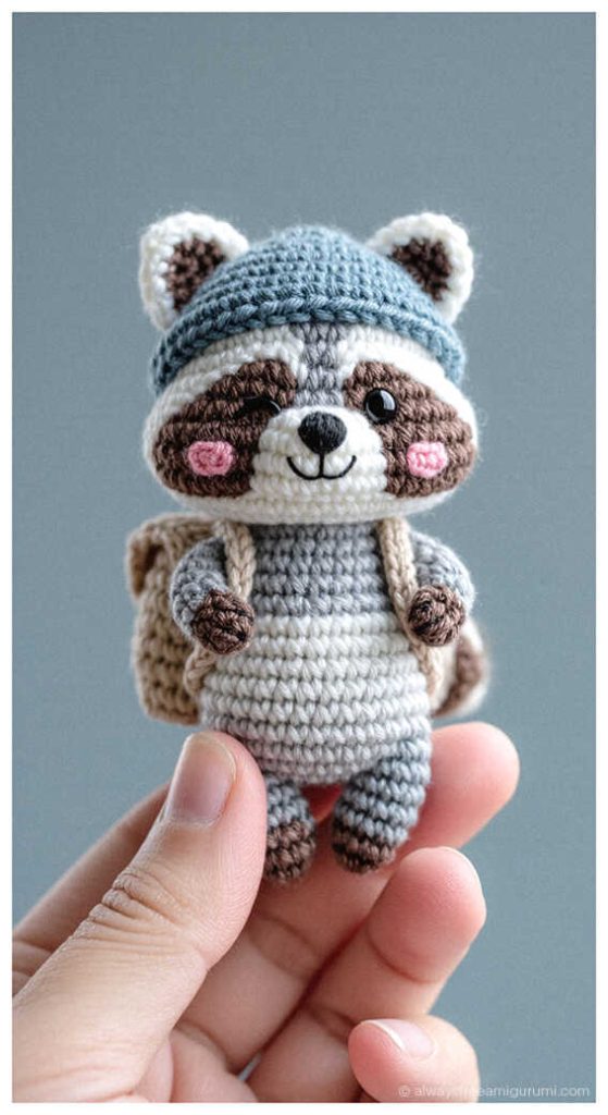 Small raccoon amigurumi wearing a blue hoodie held between fingers