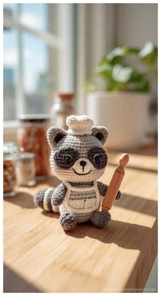 Cute raccoon amigurumi sitting on a wooden table holding a tiny rolling pin