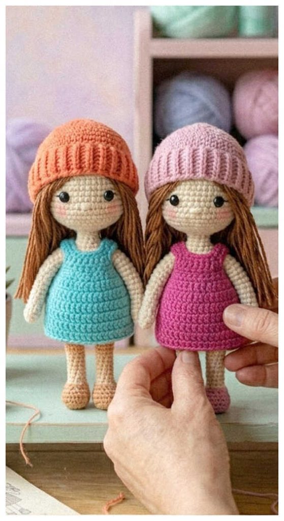 cute amigurumi doll crochet doll in dress and hat held in hand