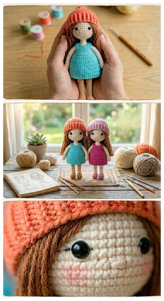 cute amigurumi doll crochet doll close up with hat and dress