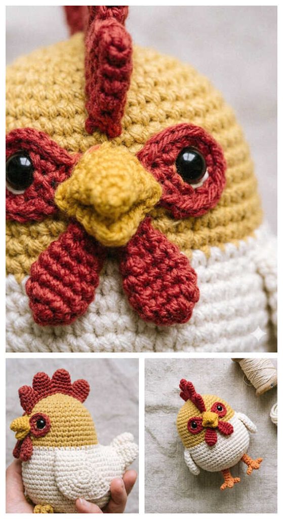 detailed chicken amigurumi crochet toy handmade farm bird doll close up face