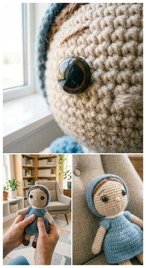 amigurumi doll crochet close up eye detail handmade soft yarn doll