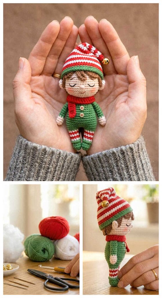 mini elf amigurumi crochet doll cute christmas elf toy in hands