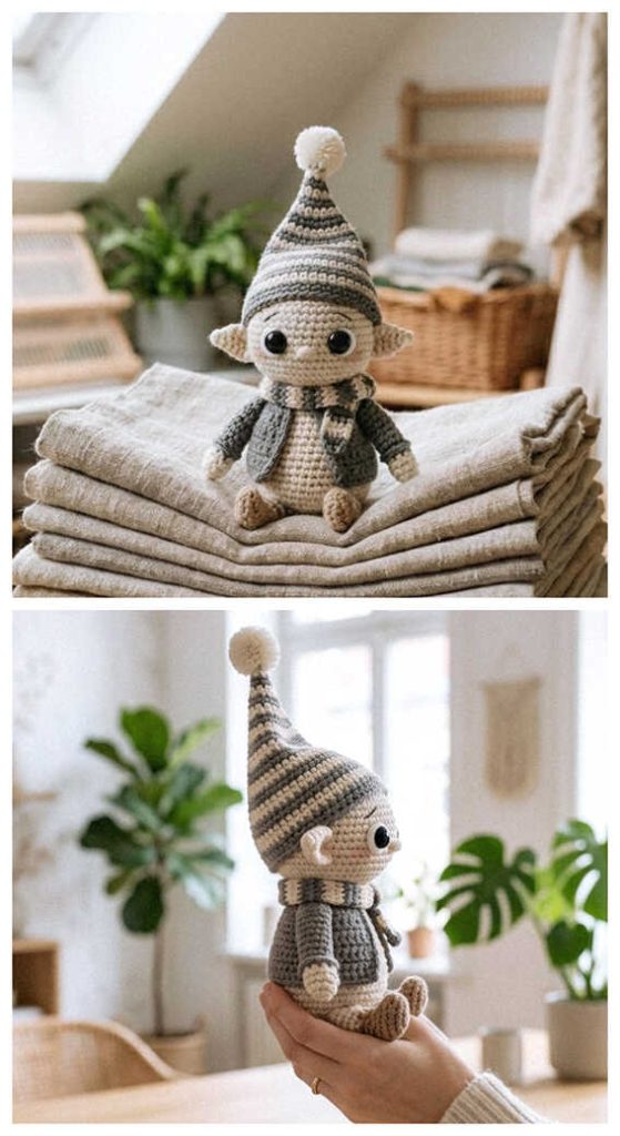 cute elf amigurumi crochet doll small handmade elf toy sitting decor