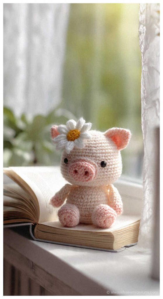 Cute pig amigurumi sitting on a book by the window, soft crochet pig plush toy idea for handmade gifts