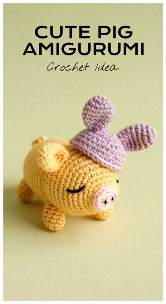 Cute pig amigurumi crochet idea with little hat, handmade pig plush toy design for crochet lovers