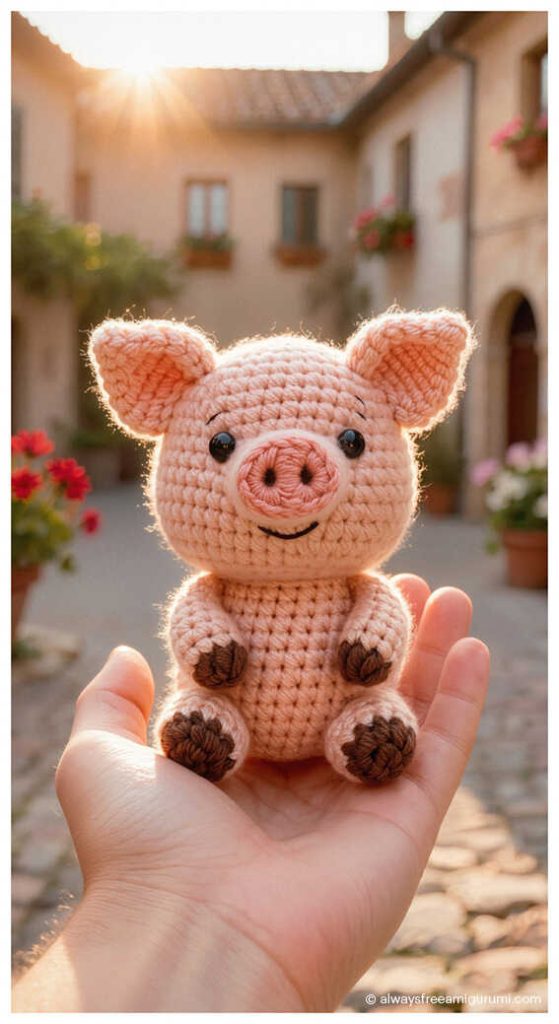 Pink pig amigurumi crochet doll held in hand outdoors, adorable handmade pig plush toy idea