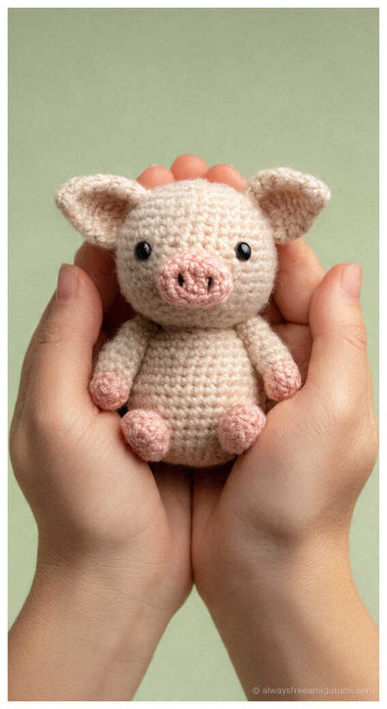 Cute pig amigurumi held in hands, small handmade crochet pig plush toy idea