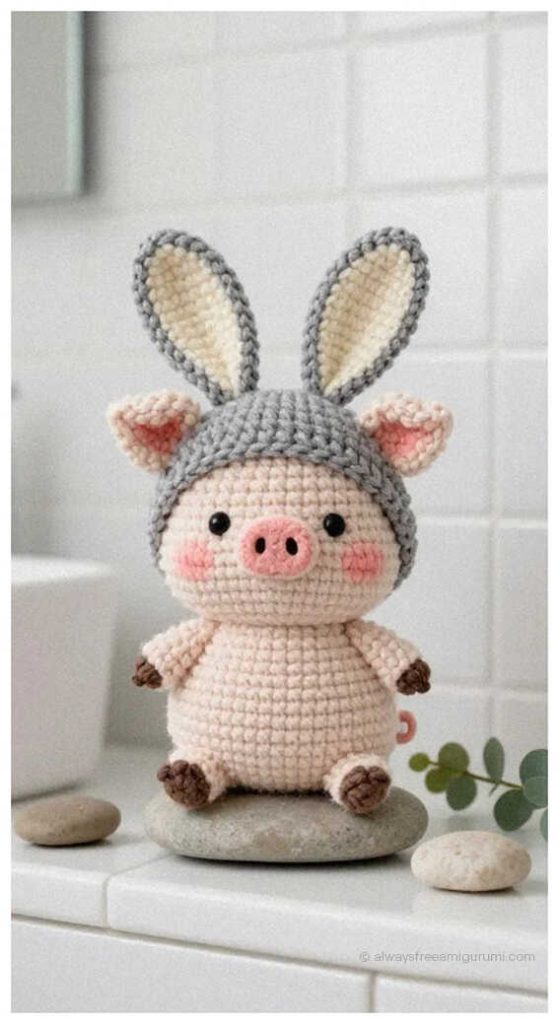 Pig amigurumi wearing bunny hat, adorable handmade crochet pig plush toy design idea