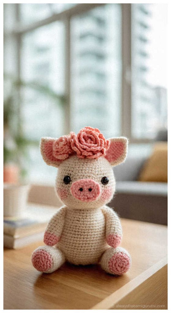 Cute pig amigurumi with flower crown sitting on table, handmade crochet pig plush toy i