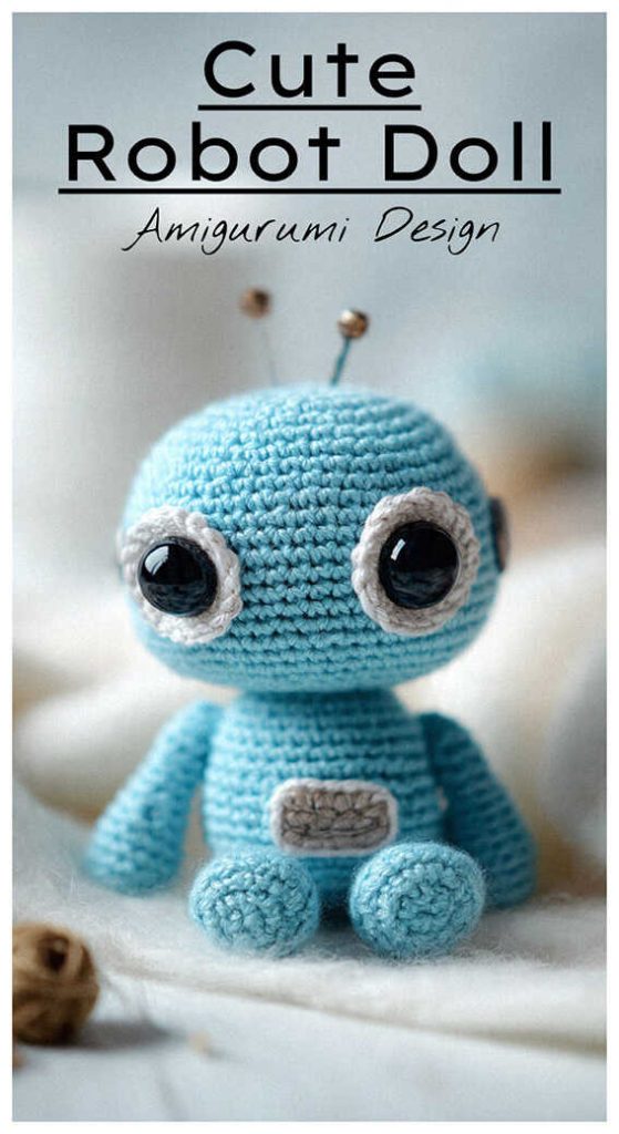cute blue robot amigurumi doll crochet toy with big eyes kawaii robot crochet character
