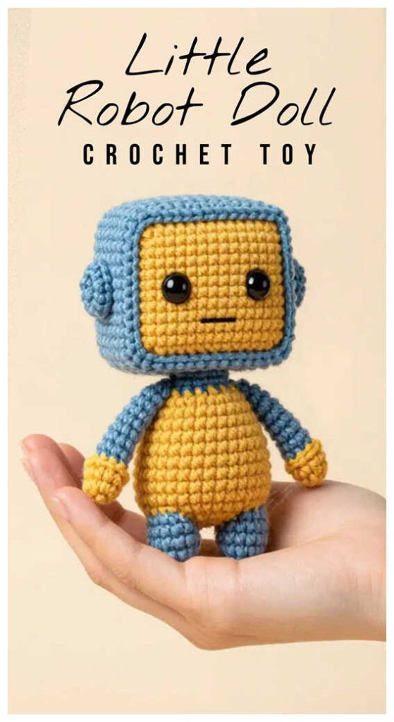 little robot doll amigurumi crochet toy cute handmade robot character held in hand
