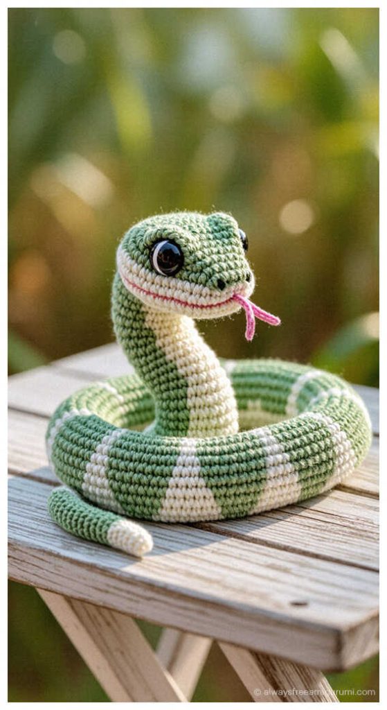 Cute green snake amigurumi with striped body and pink tongue, coiled on a wooden bench outdoor crochet toy idea