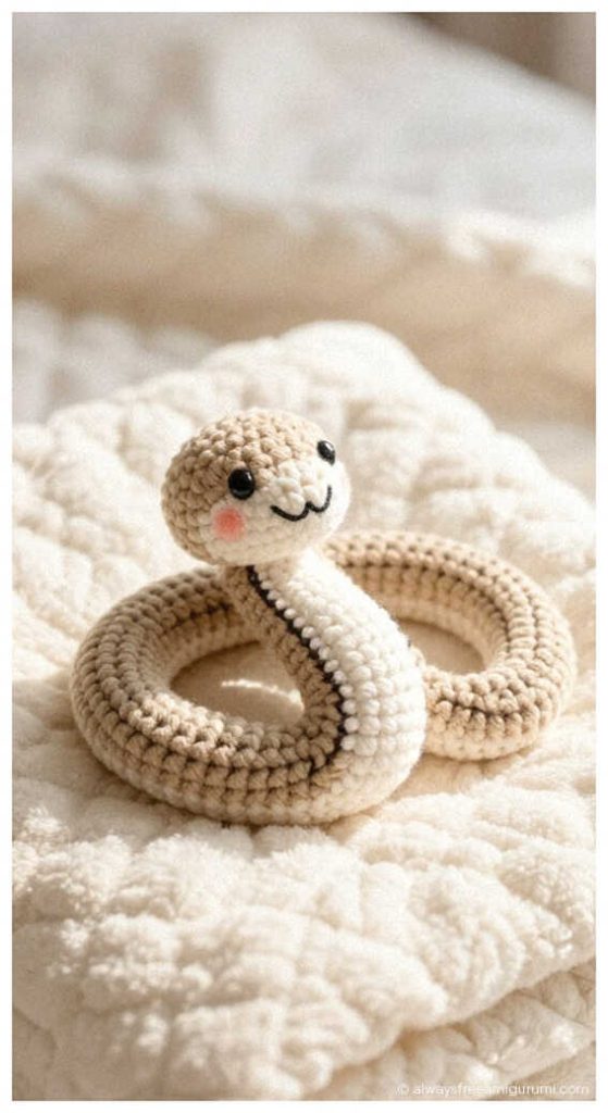 Soft beige snake amigurumi with blush cheeks coiled on cozy blanket, cute handmade crochet snake gift idea